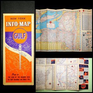 VTG 1930's NEW YORK State Road Travel & Info Map Gulf Oil Wall Decor Grad Gift